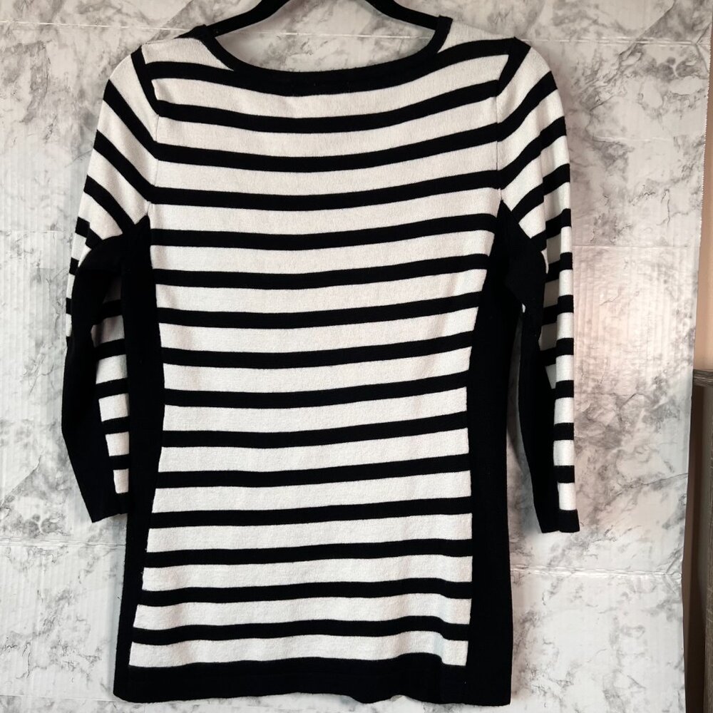 Roz & Ali Sweater Black/White‎ Stripe Size Small 3/4 Length Sleeves - Picture 2 of 5